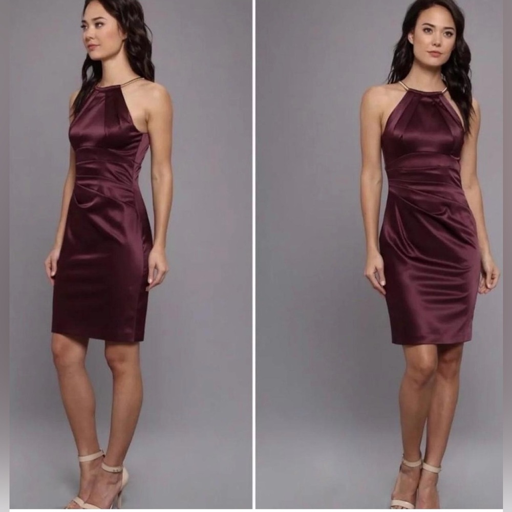 Eliza J dress size 12 eggplant purple pleated satin halter style & gold neck 💜